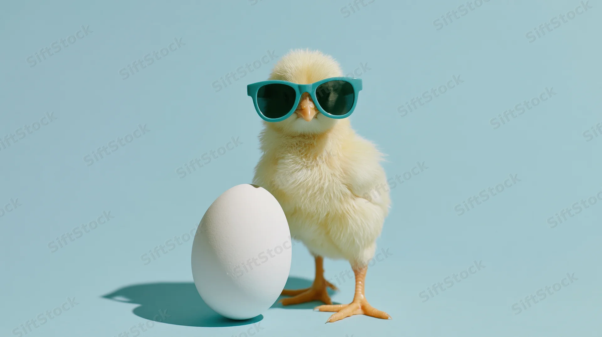Fluffy yellow baby chick wearing teal sunglasses standing beside a white egg on a light blue background