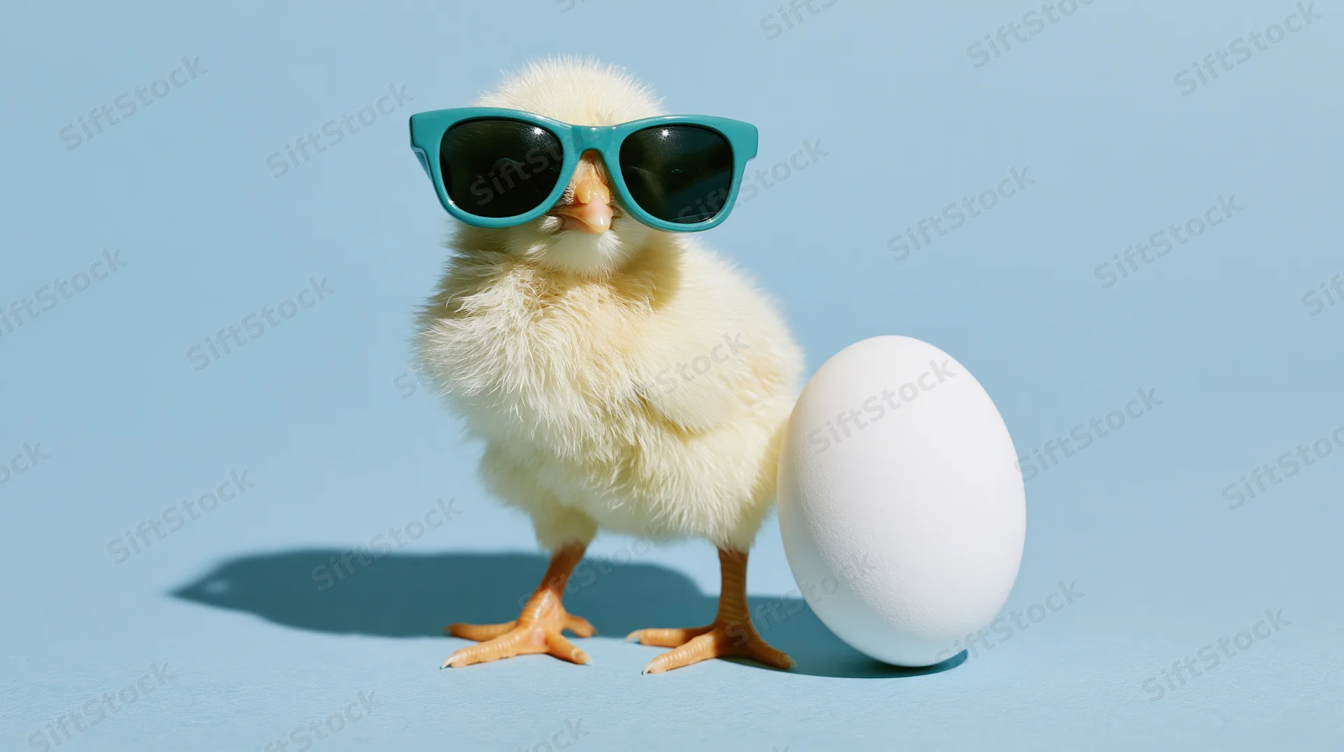 Fluffy yellow baby chick wearing teal sunglasses standing beside a white egg on a blue background