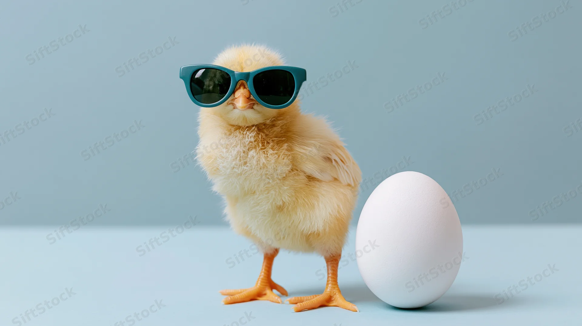 Fluffy yellow baby chick wearing teal sunglasses standing beside a white egg on a blue surface