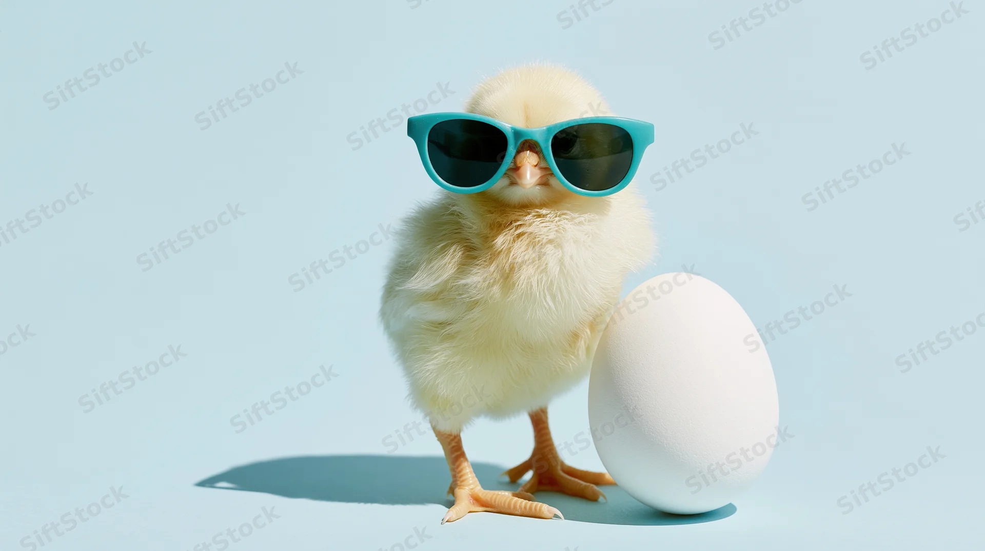 Fluffy yellow baby chick wearing teal sunglasses standing beside a white egg on light blue background