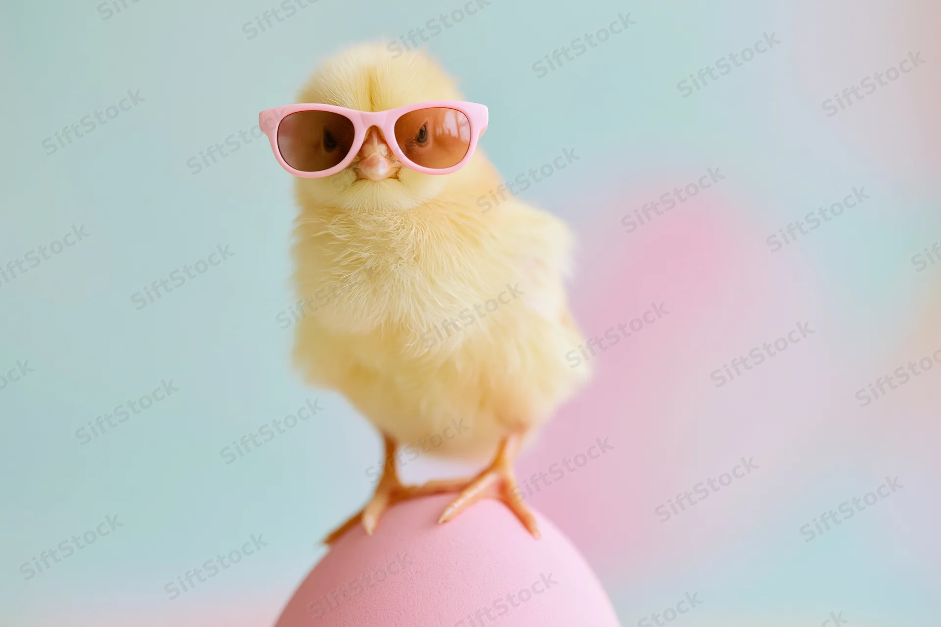 Baby chick wearing pink sunglasses perched on a pink egg against a pastel background