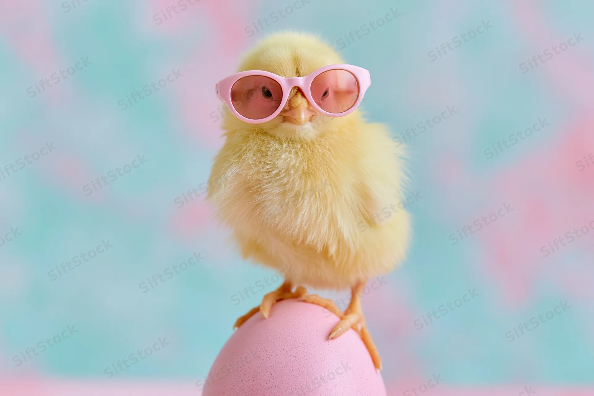 Tiny yellow chick wearing pink sunglasses perched on a pink egg against a pastel background