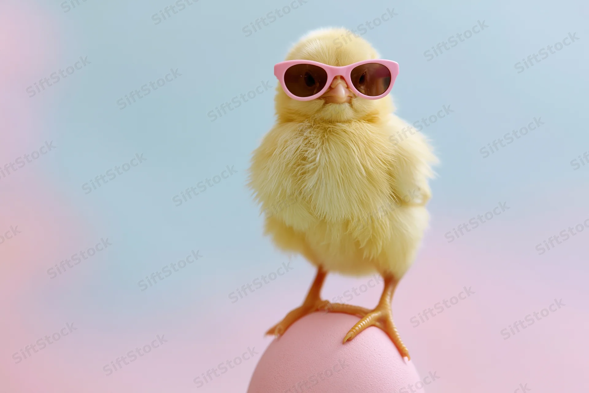 Baby chick wearing pink sunglasses standing on a pink egg against a pastel background