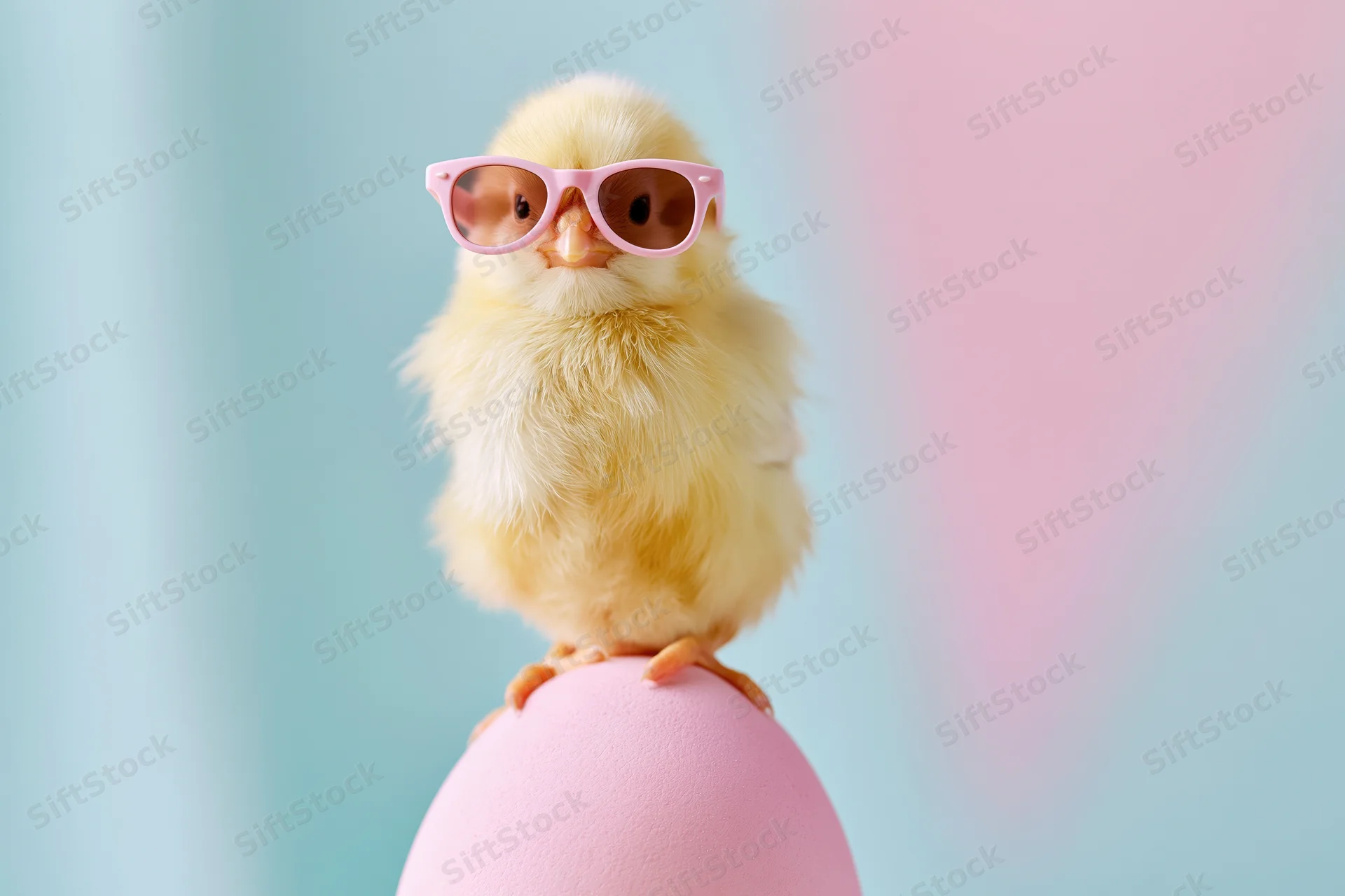 Baby chick wearing pink sunglasses perched on a pink egg against a pastel background
