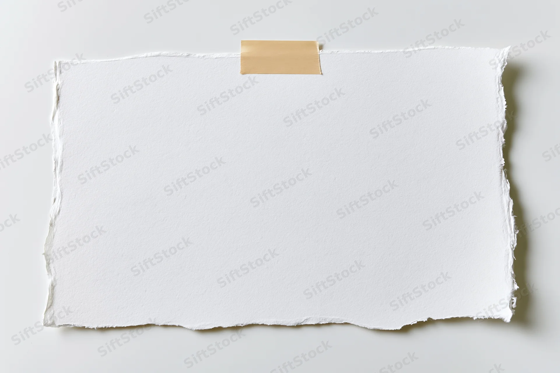 Torn white paper sheet taped to a plain surface with beige adhesive strip, flat lay view