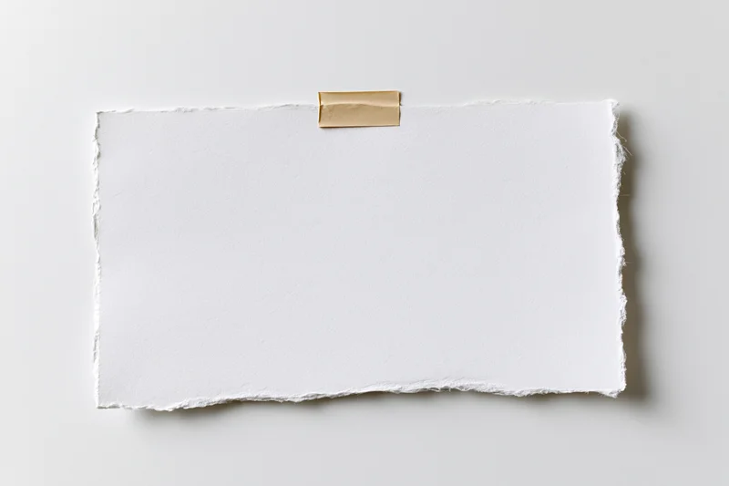 Torn white paper held by beige tape on plain surface