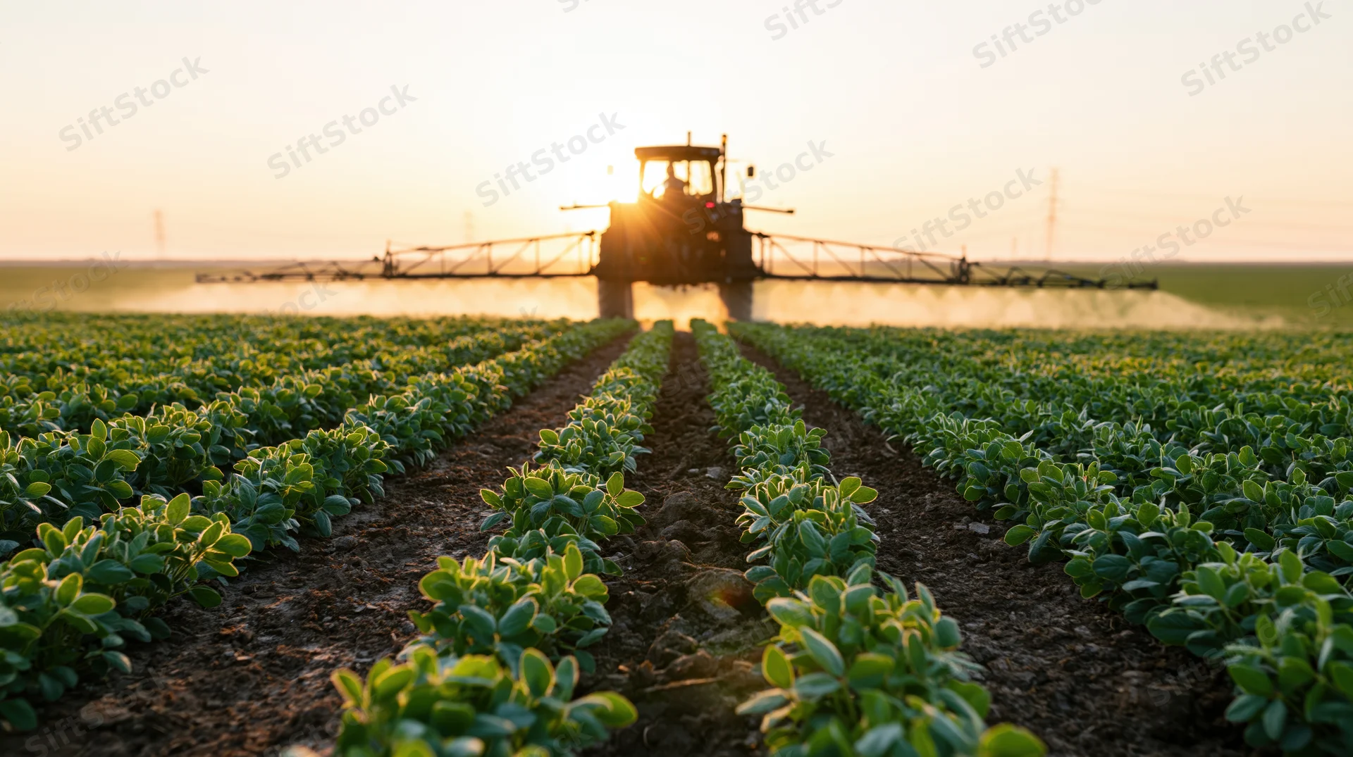 Tractor with boom sprayer spraying soybean field at sunset