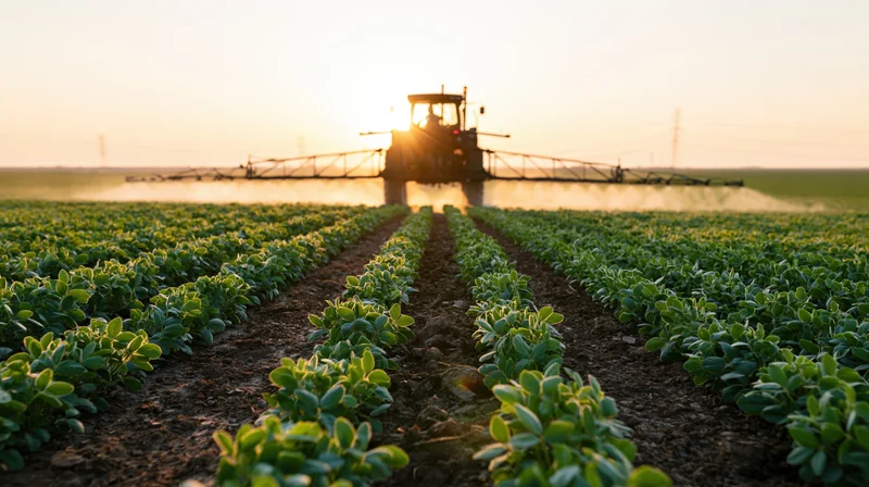 Tractor with boom sprayer spraying soybean field at sunset