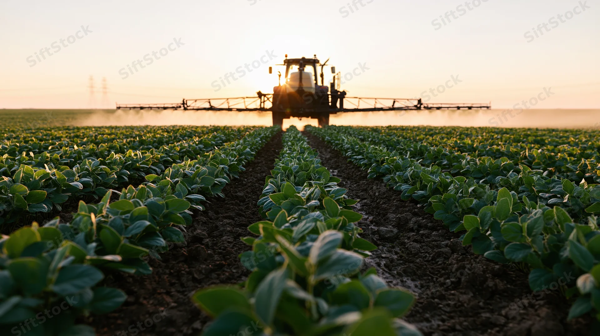 Tractor with wide boom sprayer moving through rows of soybean plants in a field at sunset