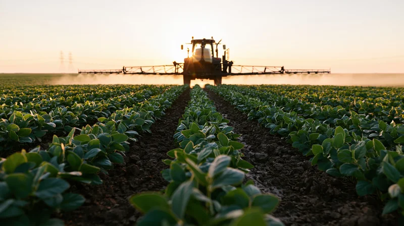 Tractor with wide boom sprayer moving through rows of soybean plants in a field at sunset