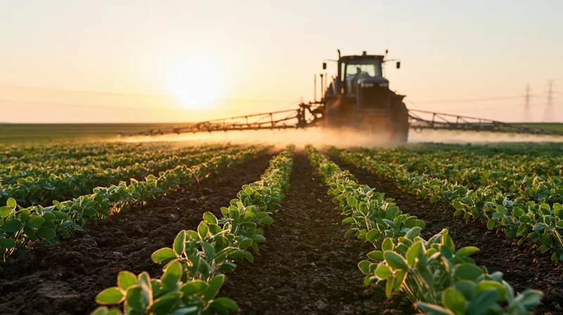 Tractor with boom sprayer applying spray to rows of young soybean plants in a field at sunset