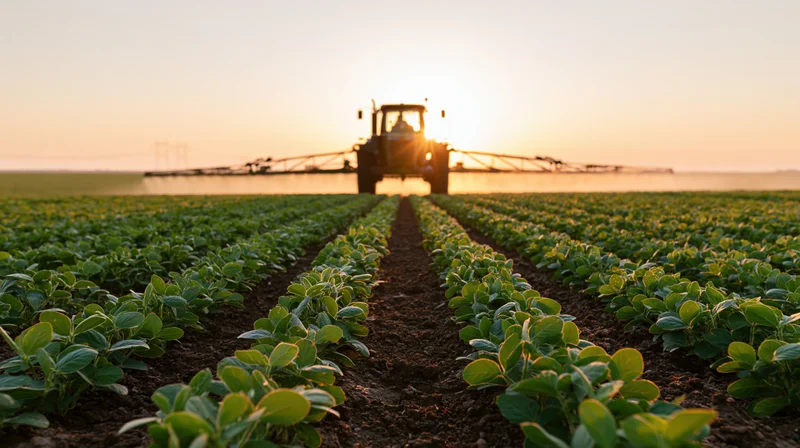 Tractor with boom sprayer moving through rows of soybean plants in a field at sunset