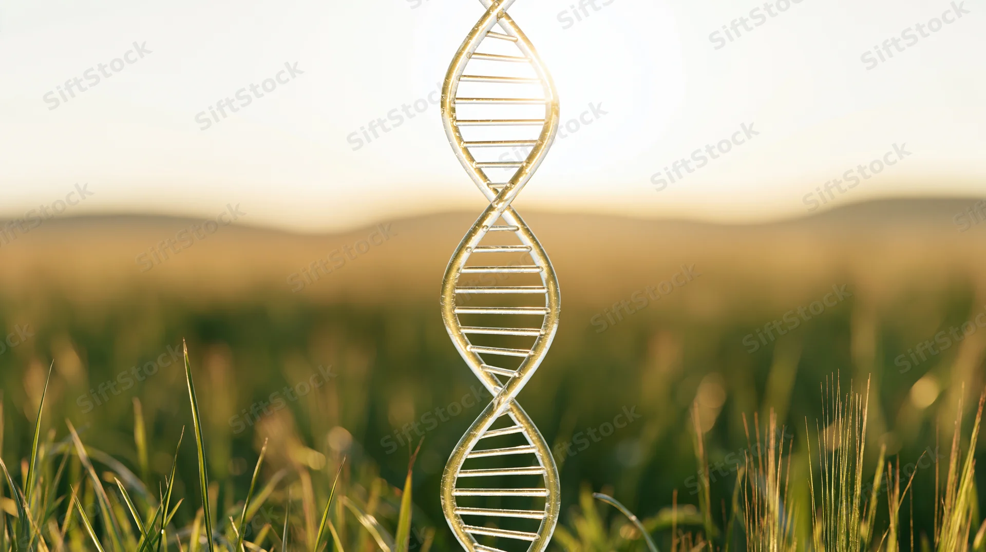 Translucent dna double helix rising from a grassy field under sunlight