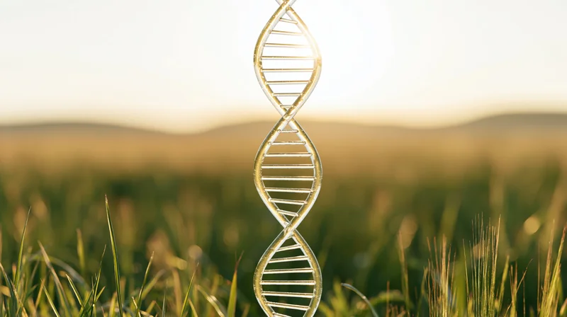 Translucent dna double helix rising from a grassy field under sunlight