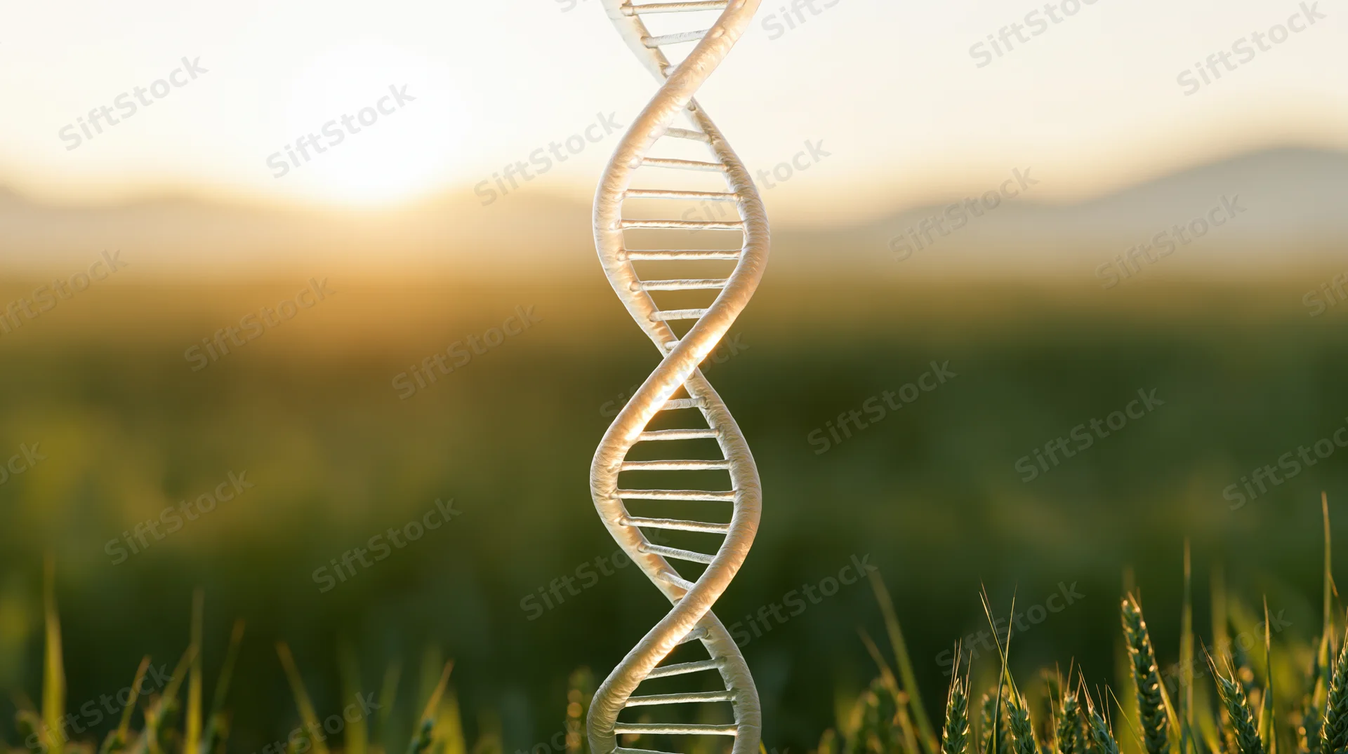 Translucent dna double helix rising vertically in a wheat field at sunrise