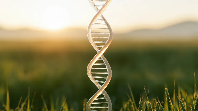 Translucent dna double helix rising vertically in a wheat field at sunrise