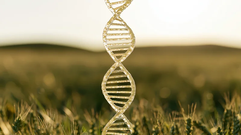 Translucent dna double helix rising from a wheat field at golden hour