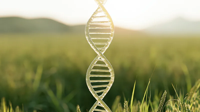 Translucent dna double helix rising from a green wheat field at sunrise