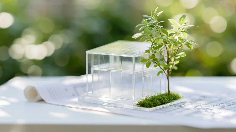 Transparent glass house model with small tree and grass on architectural blueprint outdoors in sunlight
