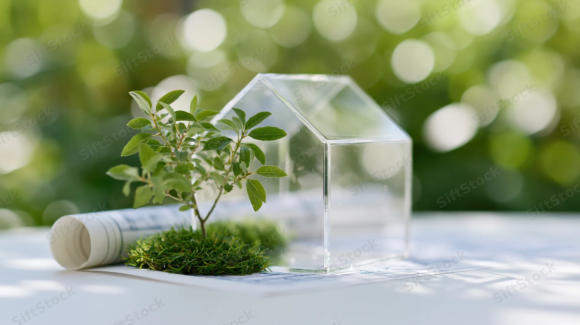 Transparent glass house model with small plant and blueprint on white table outdoors