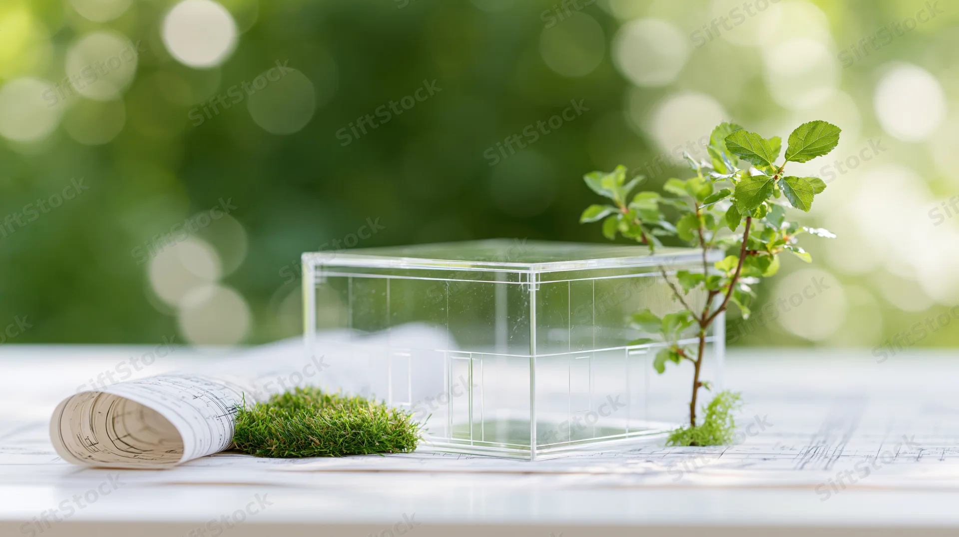 Transparent glass house model with a growing plant and moss on architectural blueprints outdoors
