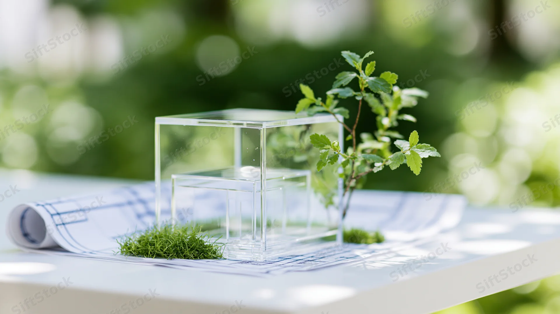 Transparent glass house model on blueprint paper with green plant and moss outdoors
