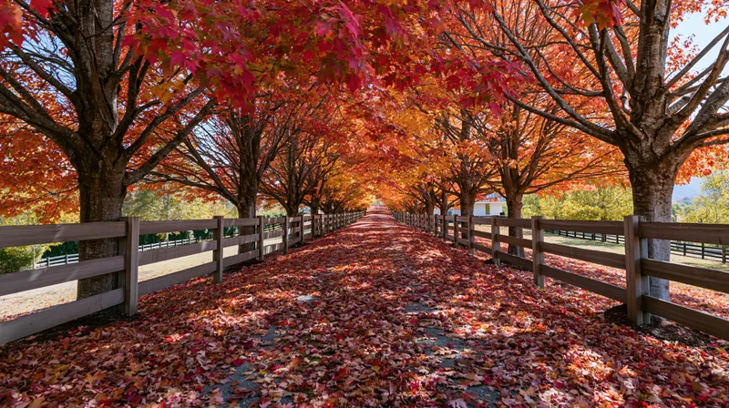 Maple trees lining a country lane covered in fallen red and orange leaves, flanked by wooden fences under autumn sunlight