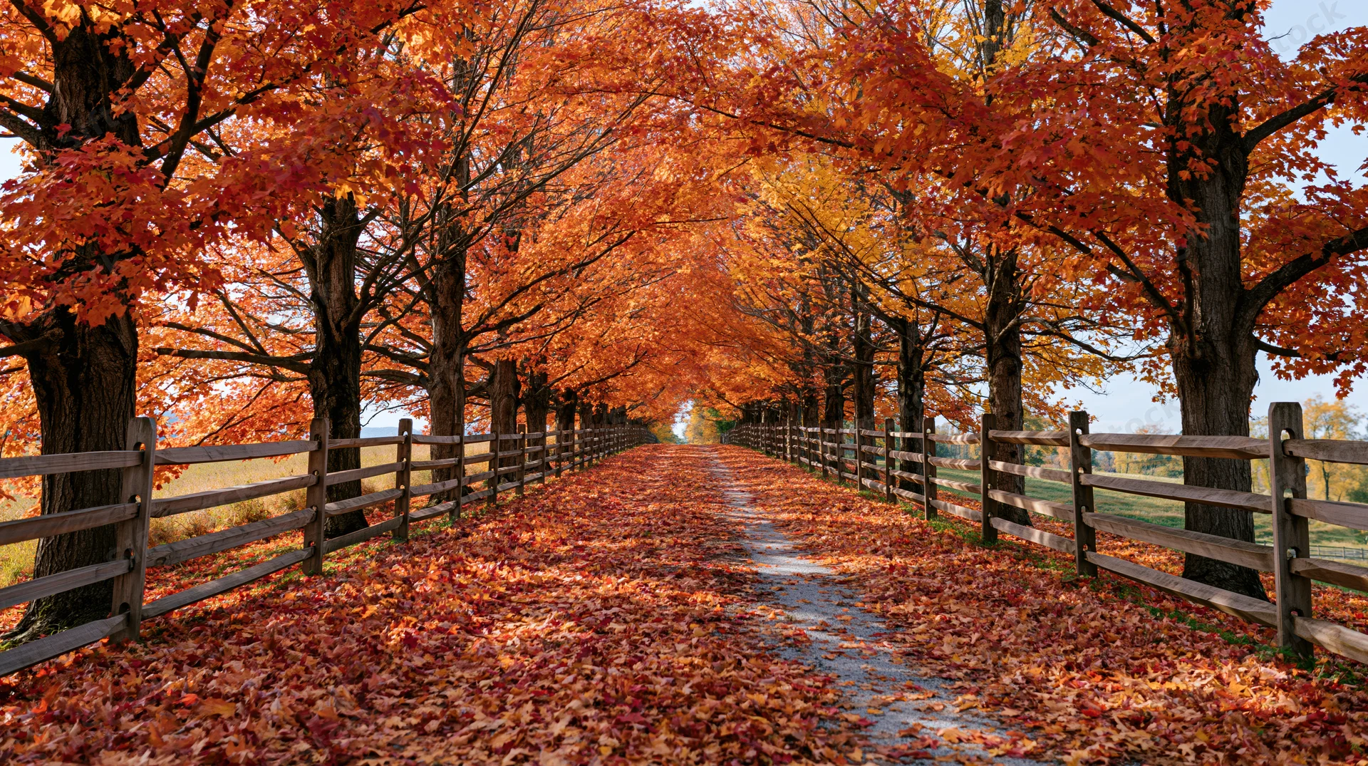 Autumn maple trees lining a rural path covered in fallen leaves, flanked by wooden fences and open fields
