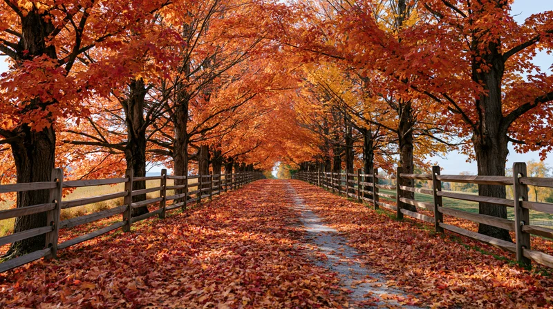 Autumn maple trees lining a rural path covered in fallen leaves, flanked by wooden fences and open fields