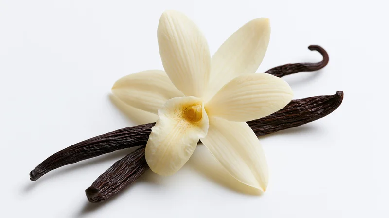 Vanilla orchid flower with two dried vanilla bean pods on white background