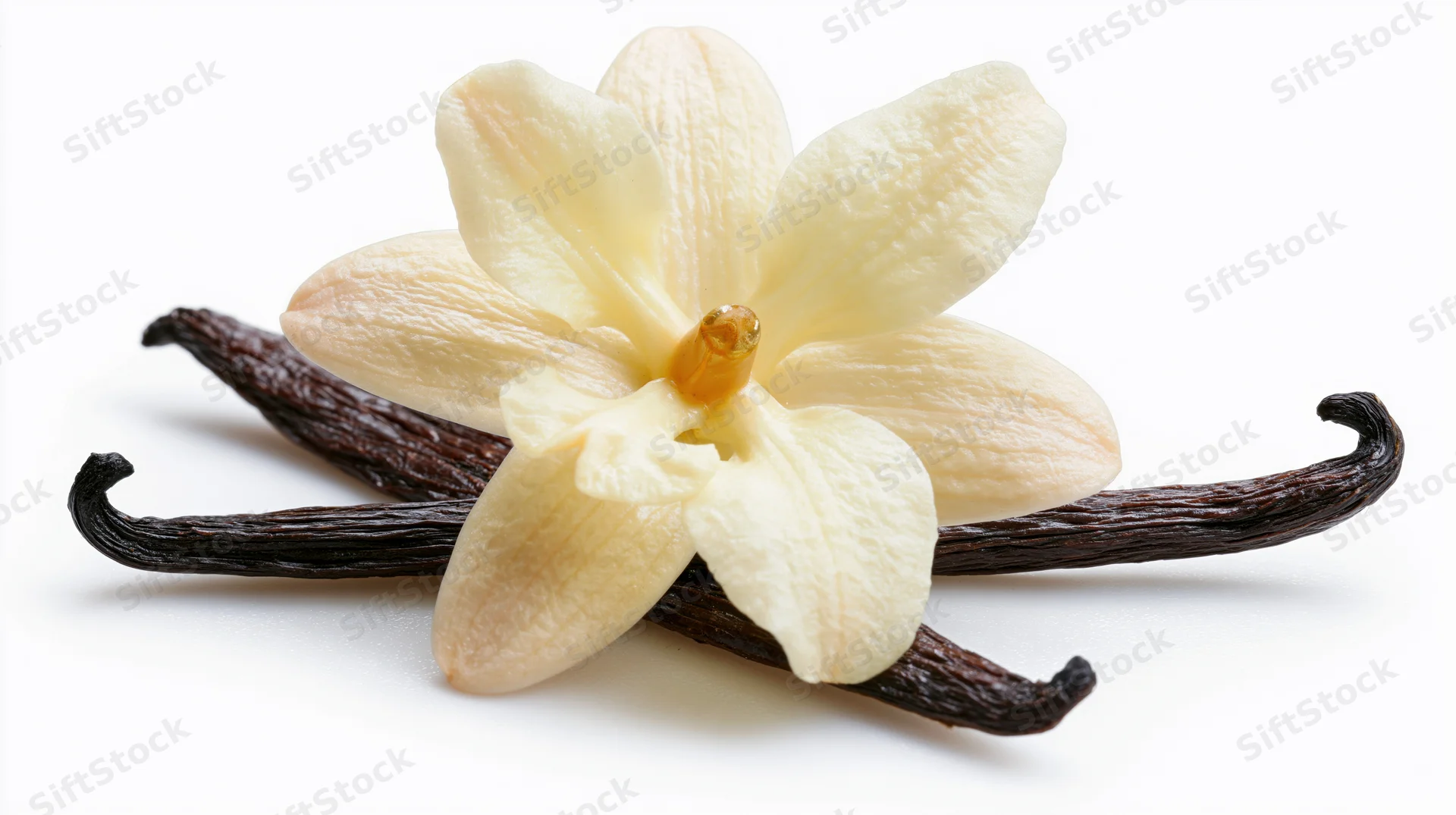 Vanilla orchid flower with two dried vanilla bean pods arranged on white background