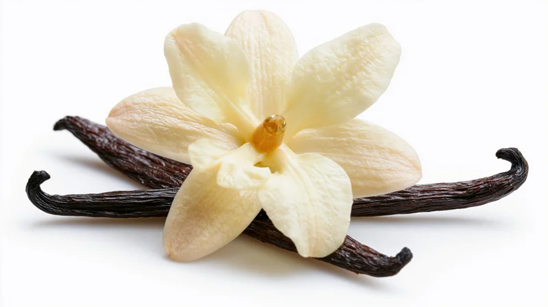 Vanilla orchid flower with two dried vanilla bean pods arranged on white background