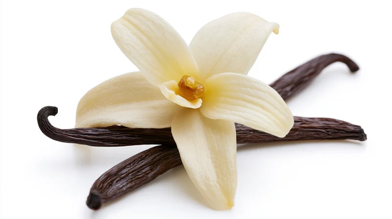Vanilla orchid flower with two dried vanilla bean pods on white background