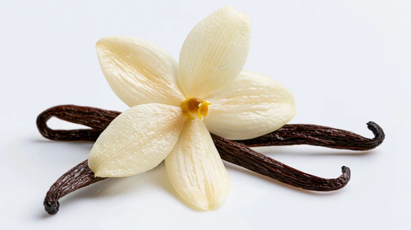 Vanilla orchid flower with two dried vanilla bean pods on white background