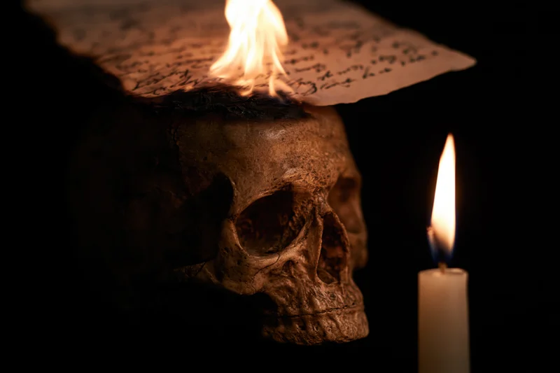 Weathered human skull with burning paper on top and lit candle beside it in dark setting