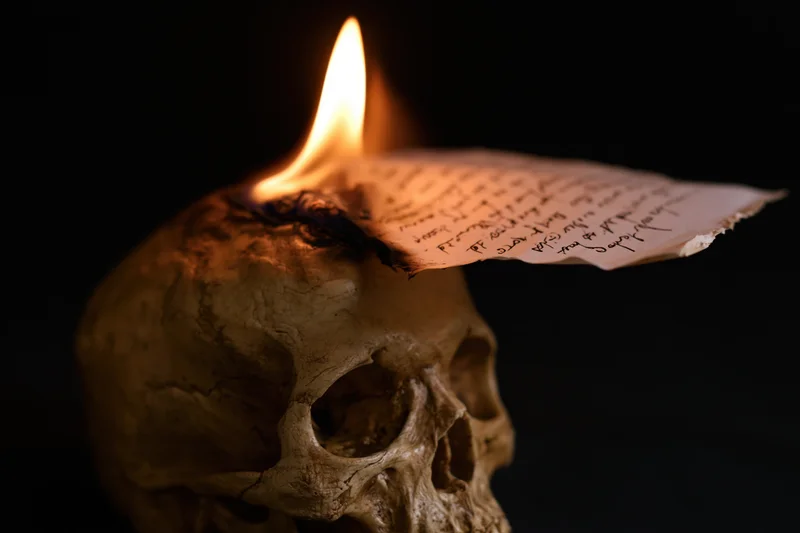 Weathered human skull with a burning handwritten note balanced on top, flame rising from paper against black background
