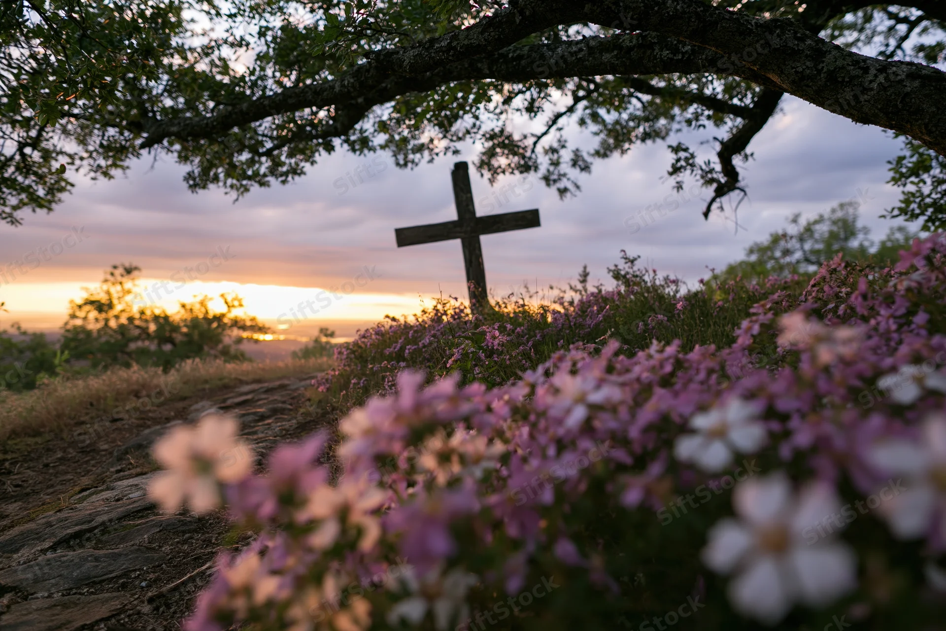 Weathered wooden cross on a hillside path at sunset surrounded by purple wildflowers