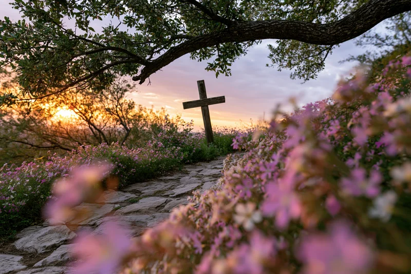 Wooden cross on a stone path surrounded by pink wildflowers at sunset on a hillside
