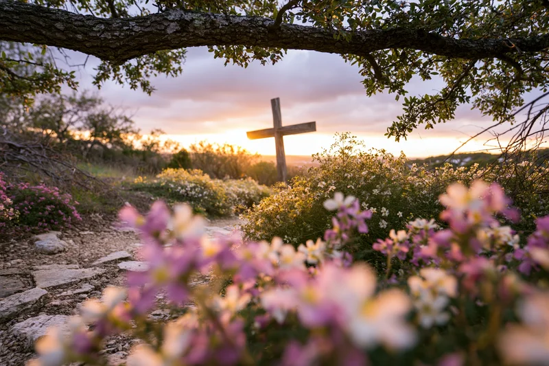 Wooden cross on a hillside path at sunset surrounded by wildflowers and stone steps