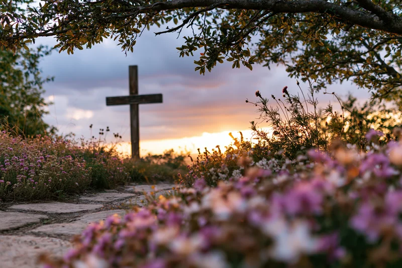 Weathered wooden cross on a hillside path at sunset surrounded by wildflowers and trees