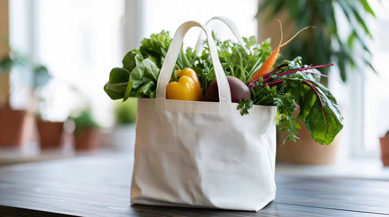 White canvas tote bag filled with fresh vegetables on wooden table near window