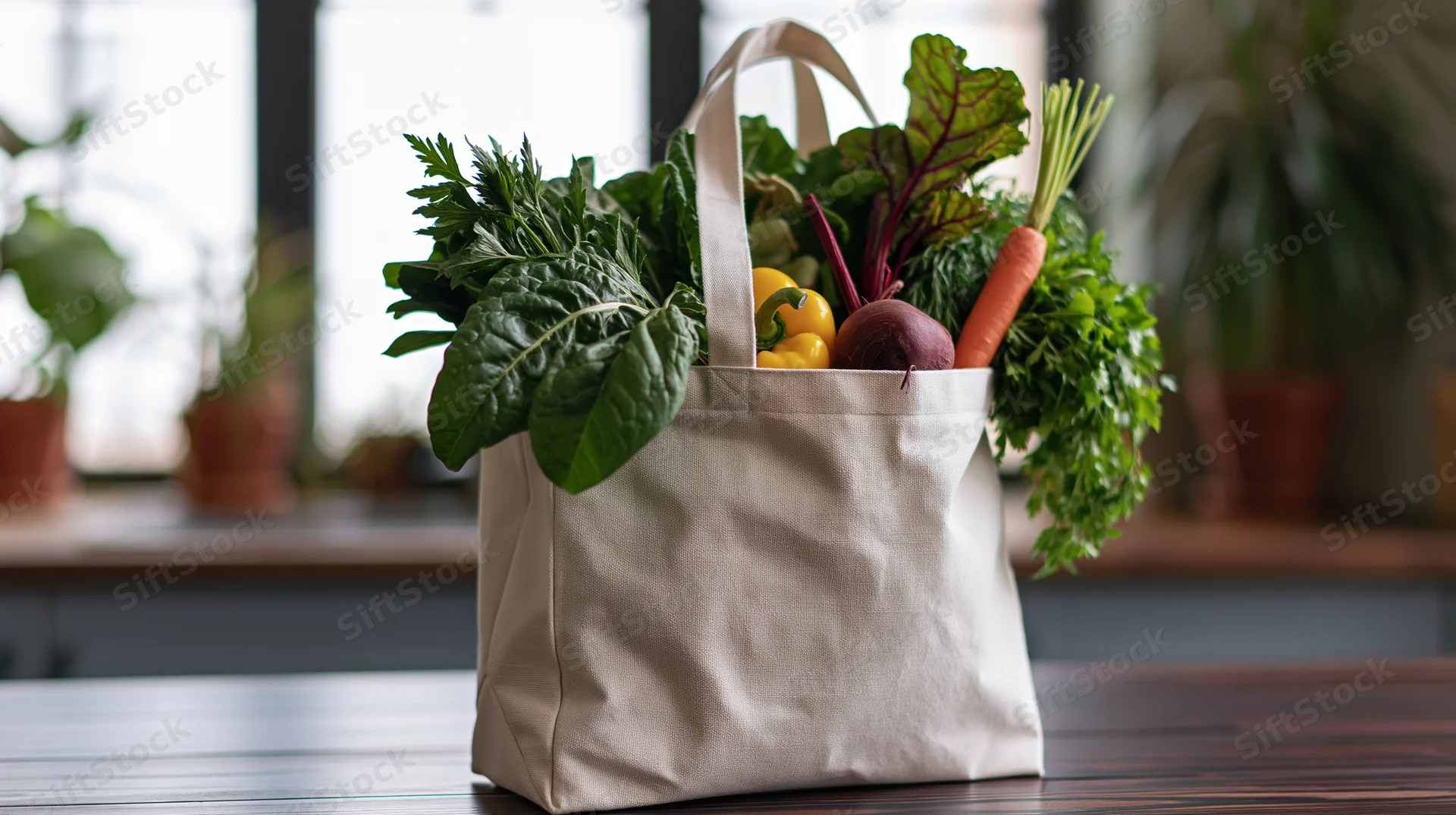 Canvas tote bag filled with fresh vegetables on wooden kitchen table