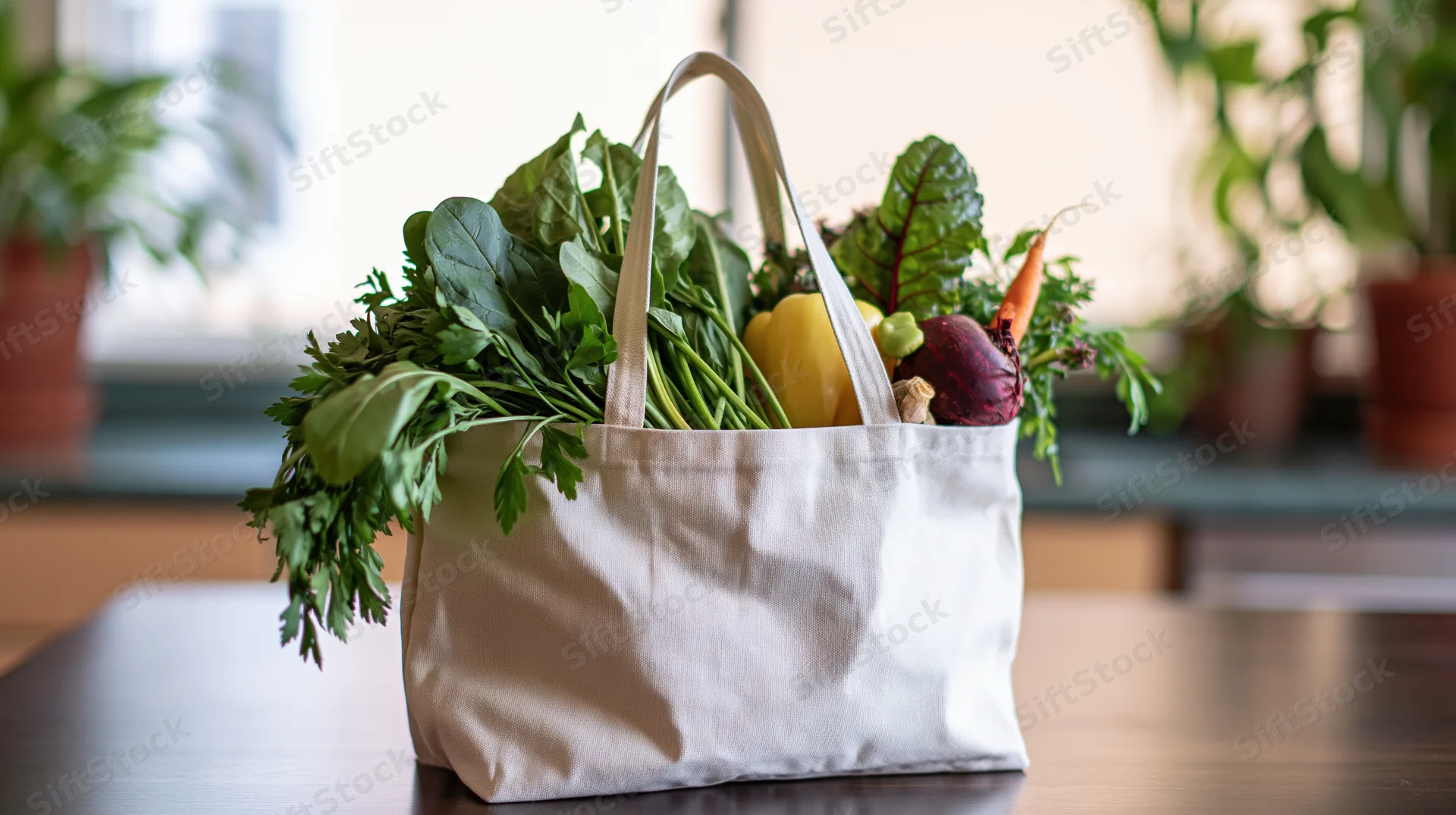White canvas tote bag filled with fresh vegetables on wooden table indoors