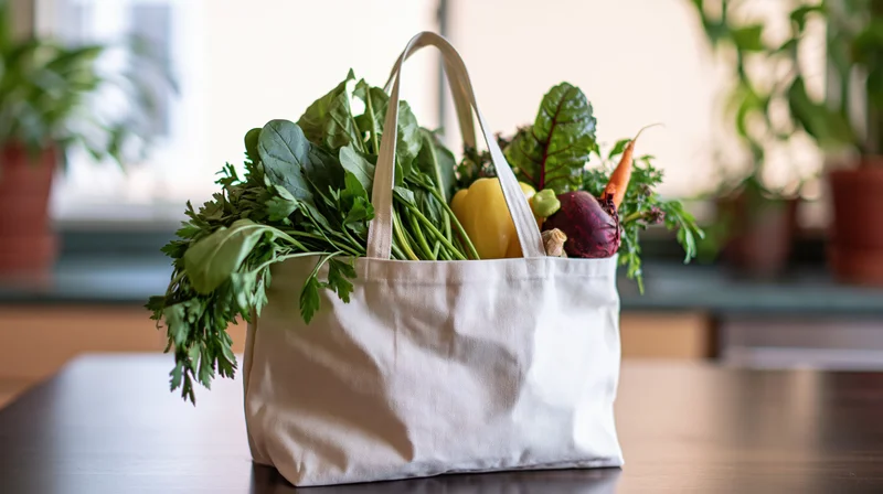 White canvas tote bag filled with fresh vegetables on wooden table indoors