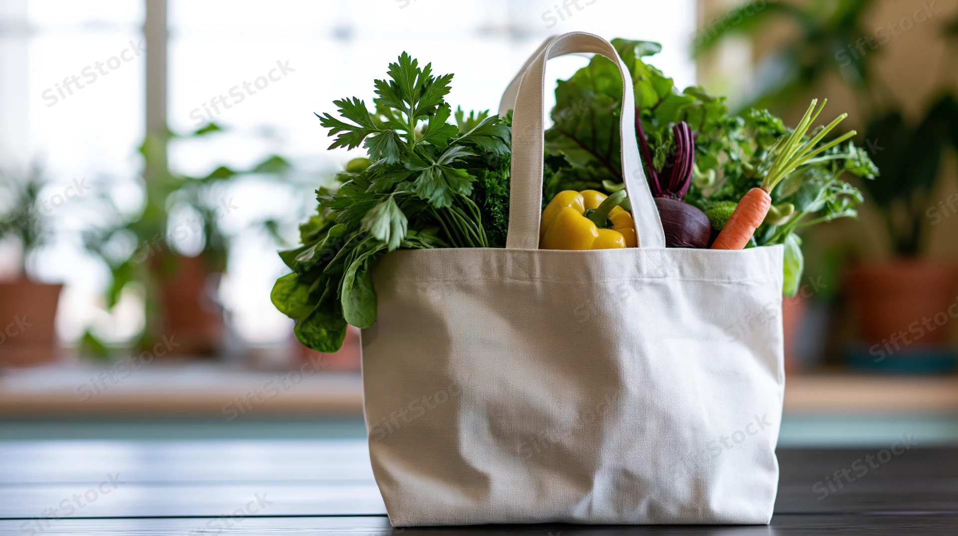 White canvas tote bag filled with fresh vegetables on kitchen table