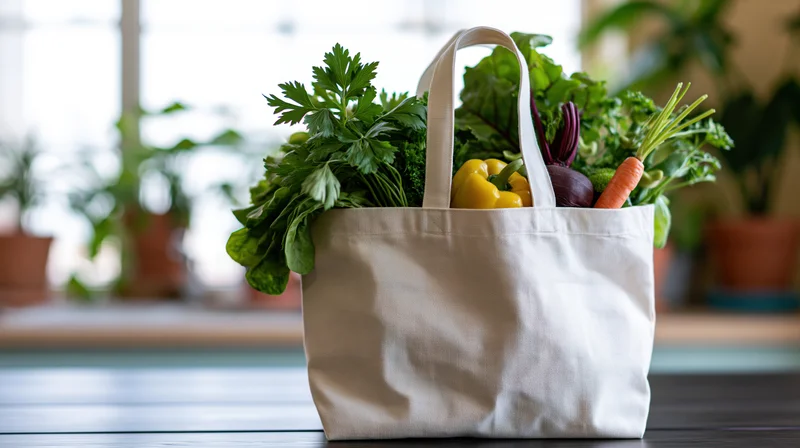 White canvas tote bag filled with fresh vegetables on kitchen table