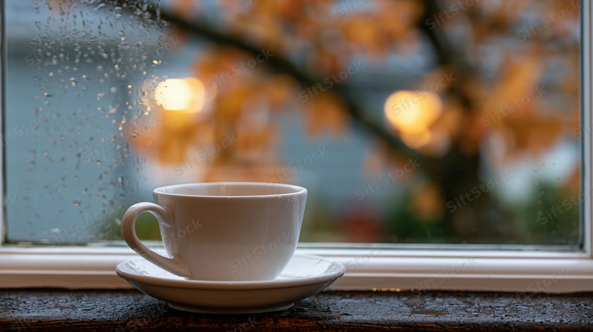 White ceramic coffee cup on saucer resting on dark wooden windowsill by rain-streaked window with autumn tree view