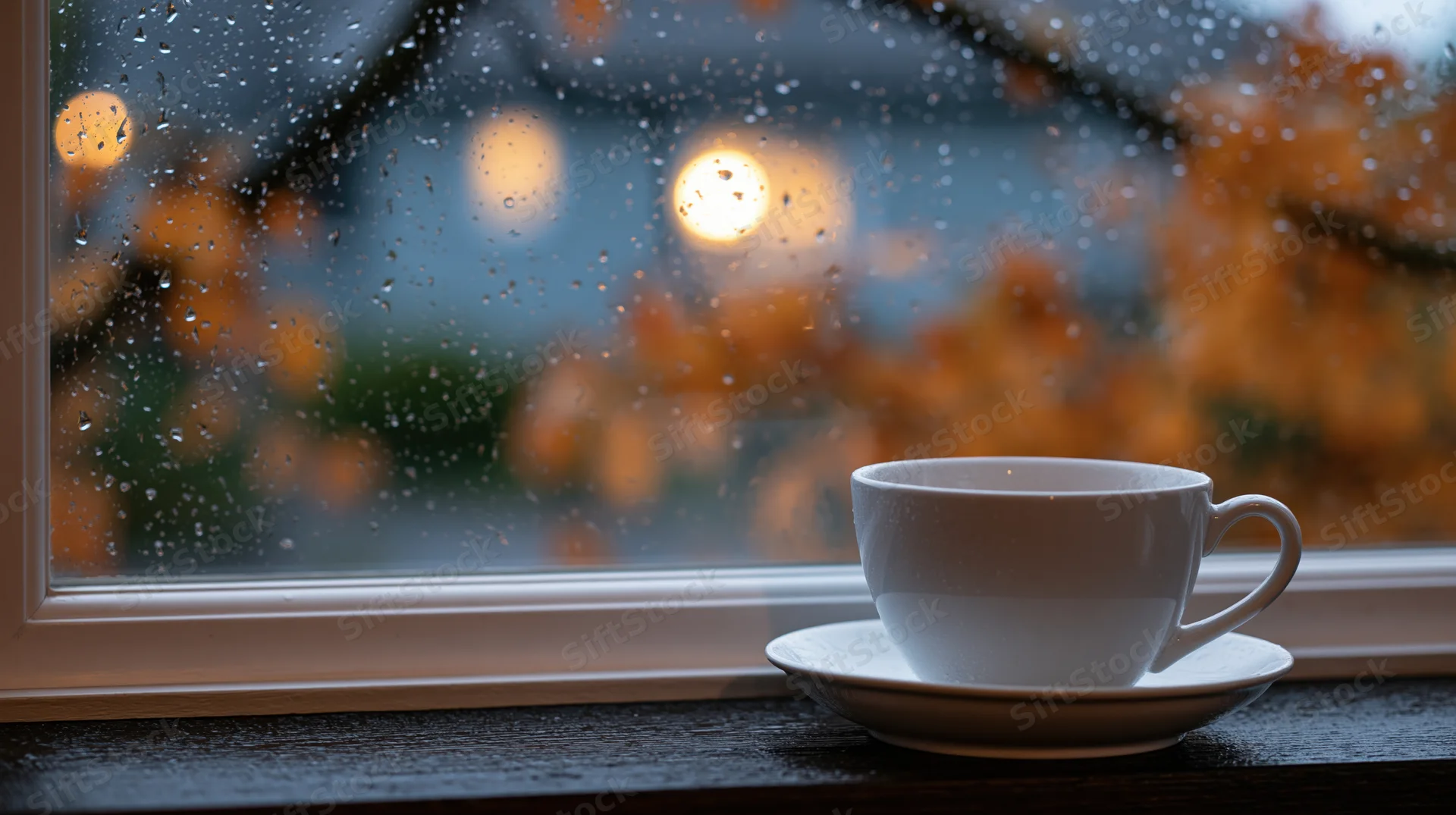 White ceramic coffee cup on saucer resting on dark wooden windowsill beside rain-streaked window with blurred autumn foliage and bokeh lights outside