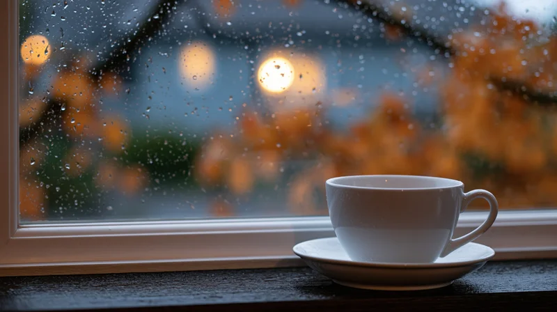 White ceramic coffee cup on saucer resting on dark wooden windowsill beside rain-streaked window with blurred autumn foliage and bokeh lights outside