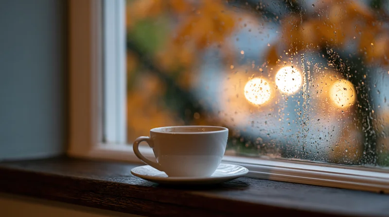 White ceramic coffee cup on saucer resting on dark wooden windowsill beside rain-streaked window with blurred autumn foliage and bokeh lights outside